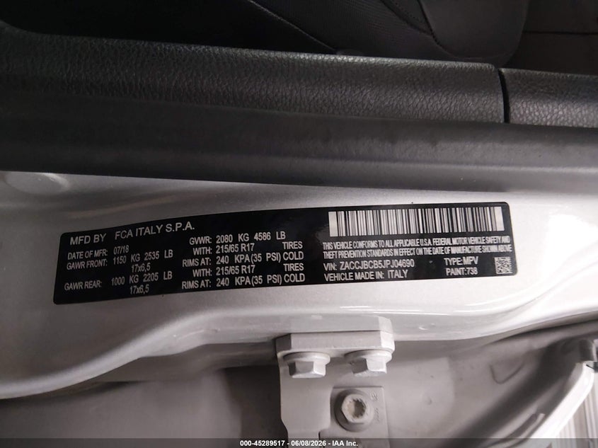 2018 Jeep Renegade VIN ZACCJBCB5JPJ04690 IAAI salvage auction — RIGHT SIDE, Salvage Title, sold $1,300 on 2026-07-15 (photo 9)
