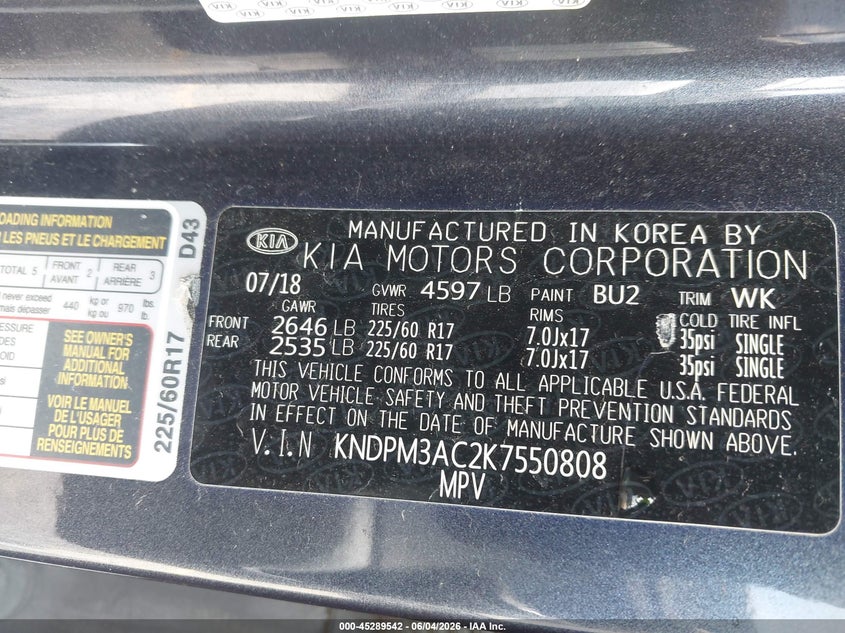 2019 Kia Sportage VIN KNDPM3AC2K7550808 IAAI salvage auction — FRONT END, Salvage Title, sold $975 on 2026-07-08 (photo 9)