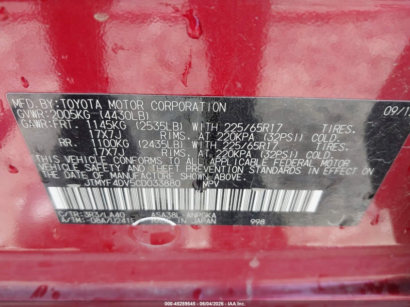 2012 Toyota Rav 4 VIN JTMYF4DV5CD033880 IAAI salvage auction — FRONT END, Salvage Title, sold $1,650 on 2026-07-27 (photo 9)