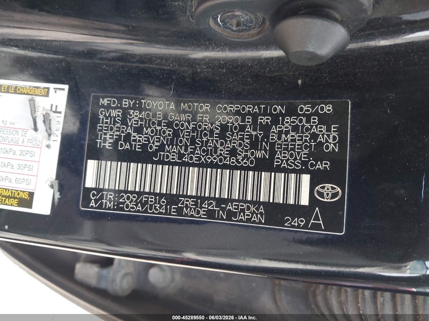 2009 Toyota Corolla VIN JTDBL40EX99048360 IAAI salvage auction — LEFT FRONT, Salvage (Texas), sold $675 on 2026-07-08 (photo 9)