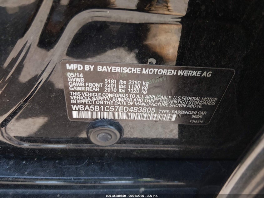 2014 BMW 5er VIN WBA5B1C57ED483805 IAAI salvage auction — LEFT REAR, Salvage Title, sold $1,850 on 2026-07-20 (photo 9)
