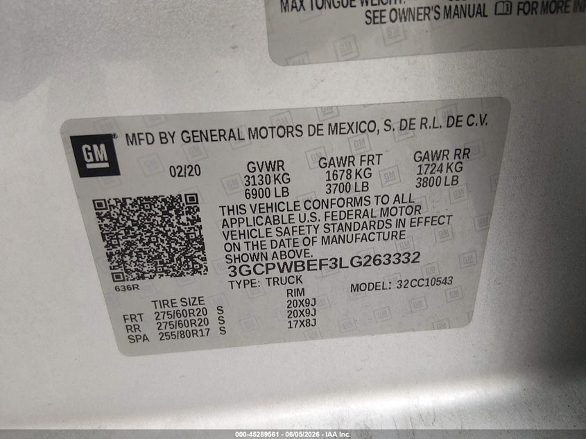 2020 Chevrolet Silverado VIN 3GCPWBEF3LG263332 IAAI salvage auction — FRONT END, Salvage Title, sold $5,300 on 2026-07-25 (photo 9)
