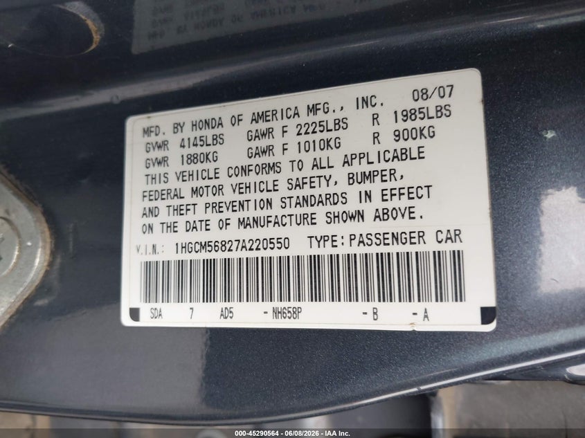 2007 Honda Accord VIN 1HGCM56827A220550 IAAI salvage auction — LEFT SIDE, Salvage (Oregon), sold $425 on 2026-07-09 (photo 9)