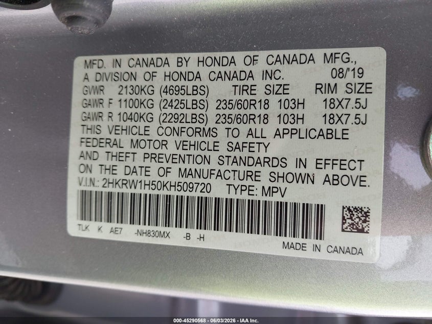 2019 Honda Cr-v VIN 2HKRW1H50KH509720 IAAI salvage auction — RIGHT SIDE, Salvage Title, sold $7,400 on 2026-07-30 (photo 9)
