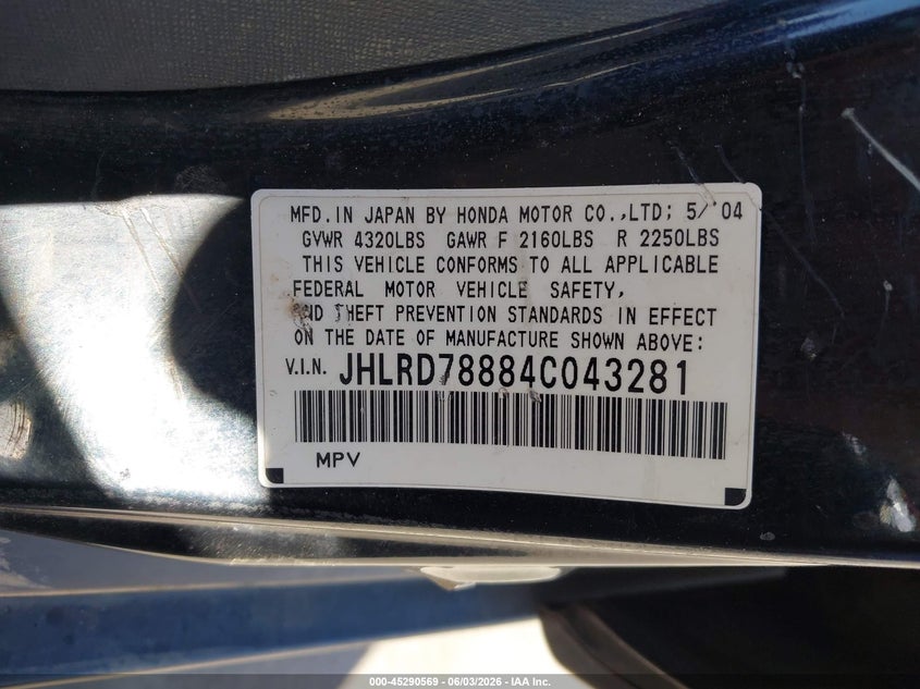 2004 Honda Cr-v VIN JHLRD78884C043281 IAAI salvage auction — NORMAL WEAR, Clear - Dealer Only (California), sold $600 on 2026-07-13 (photo 9)