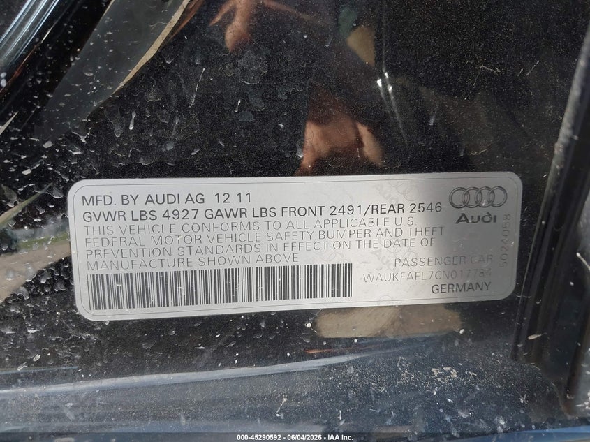 2012 Audi A4 VIN WAUKFAFL7CN017784 IAAI salvage auction — REAR END, Salvage Title, sold $575 on 2026-07-07 (photo 9)