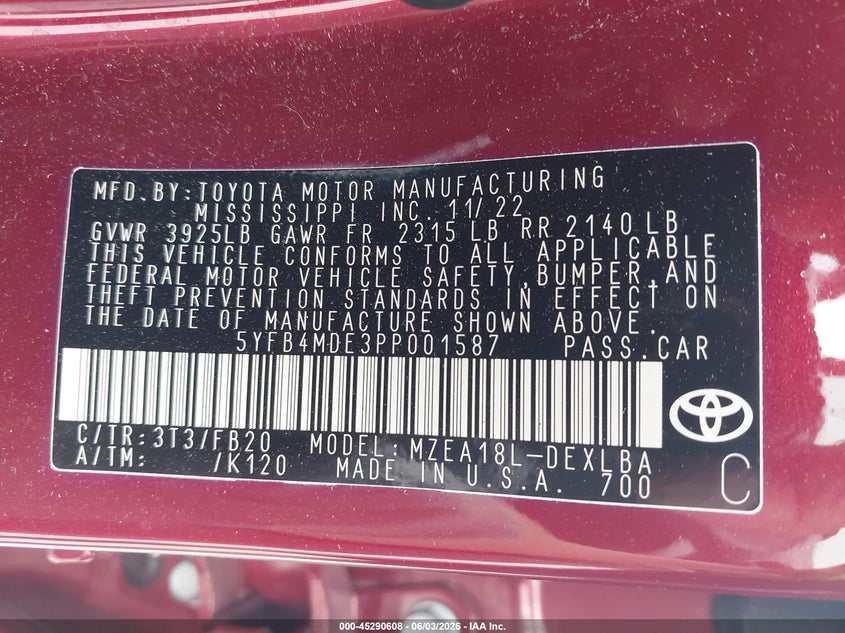 2023 Toyota Corolla VIN 5YFB4MDE3PP001587 IAAI salvage auction — FRONT END, Salvage Title, sold $2,825 on 2026-07-20 (photo 9)