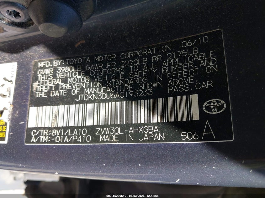 2010 Toyota Prius VIN JTDKN3DU6A0193233 IAAI salvage auction — NORMAL WEAR, Original (Ohio), sold $750 on 2026-07-15 (photo 9)