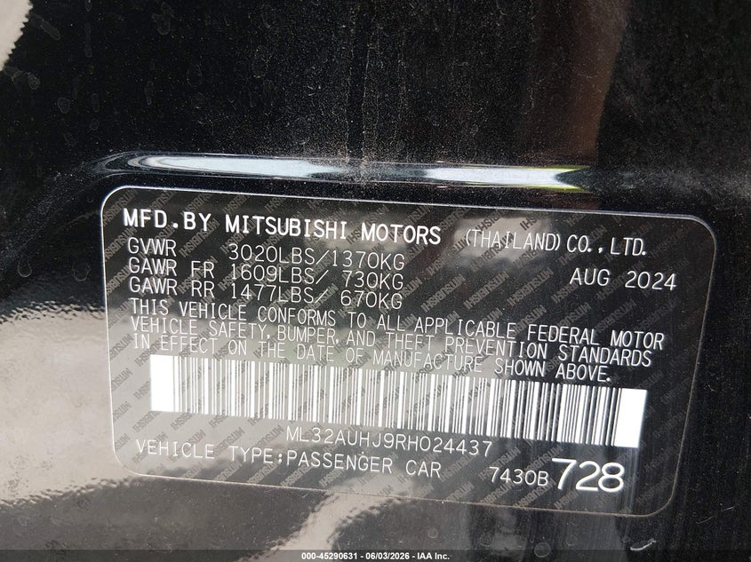 2024 Mitsubishi Mirage VIN ML32AUHJ9RH024437 IAAI salvage auction — FRONT END, Salvage Title, sold $925 on 2026-07-06 (photo 9)
