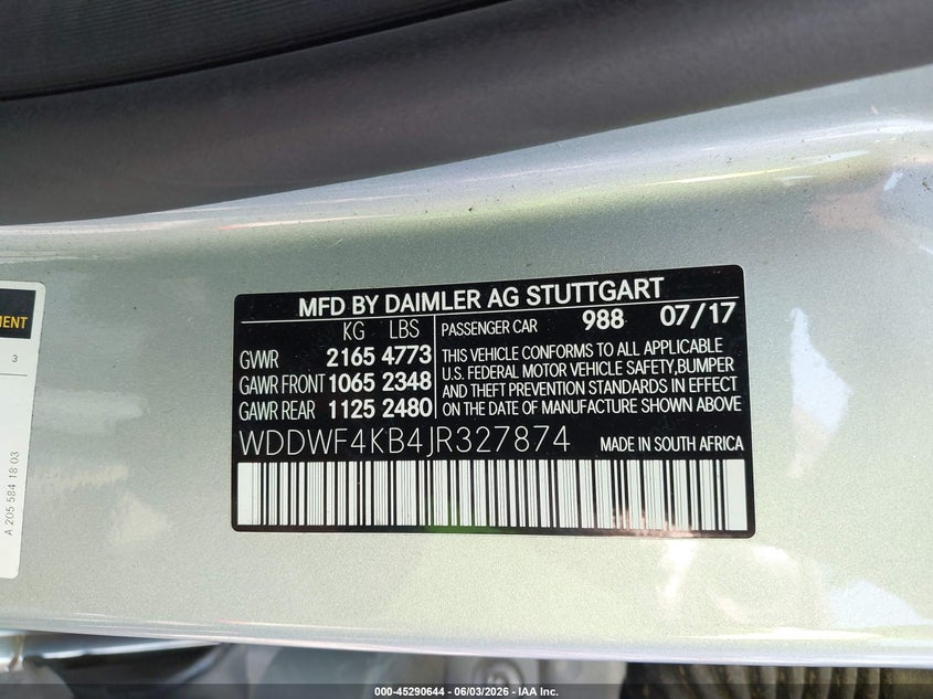 2018 Mercedes-benz C-klasse VIN WDDWF4KB4JR327874 IAAI salvage auction — FRONT END, Salvage Title, sold $5,425 on 2026-07-27 (photo 9)