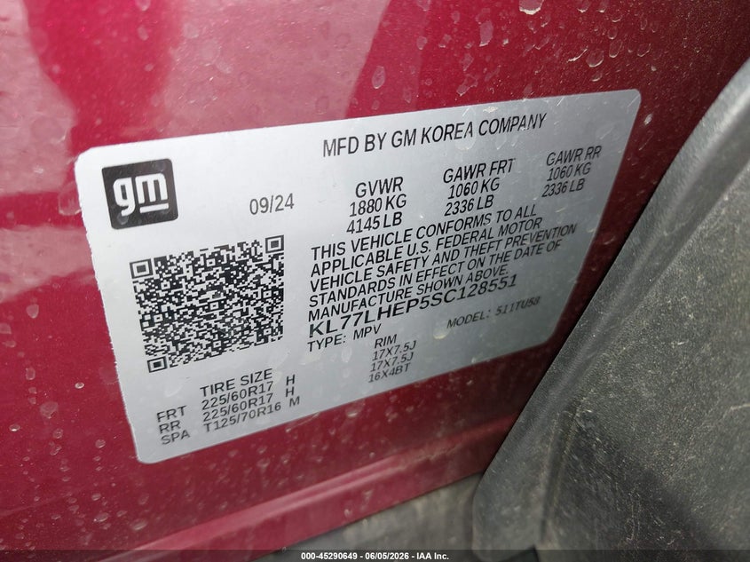 2025 Chevrolet Trax VIN KL77LHEP5SC128551 IAAI salvage auction — SIDE, Salvage Title, sold $7,500 on 2026-07-20 (photo 9)