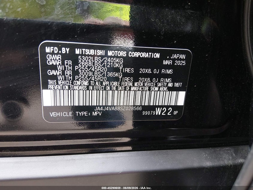 2025 Mitsubishi Outlander VIN JA4J4VA88SZ028566 IAAI salvage auction — HAIL, Salvage Title, sold $12,100 on 2026-07-07 (photo 9)