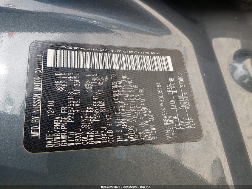2011 Nissan Quest VIN JN8AE2KP7B9005484 IAAI salvage auction — NORMAL WEAR, Original (Kentucky), sold $950 on 2026-07-13 (photo 9)