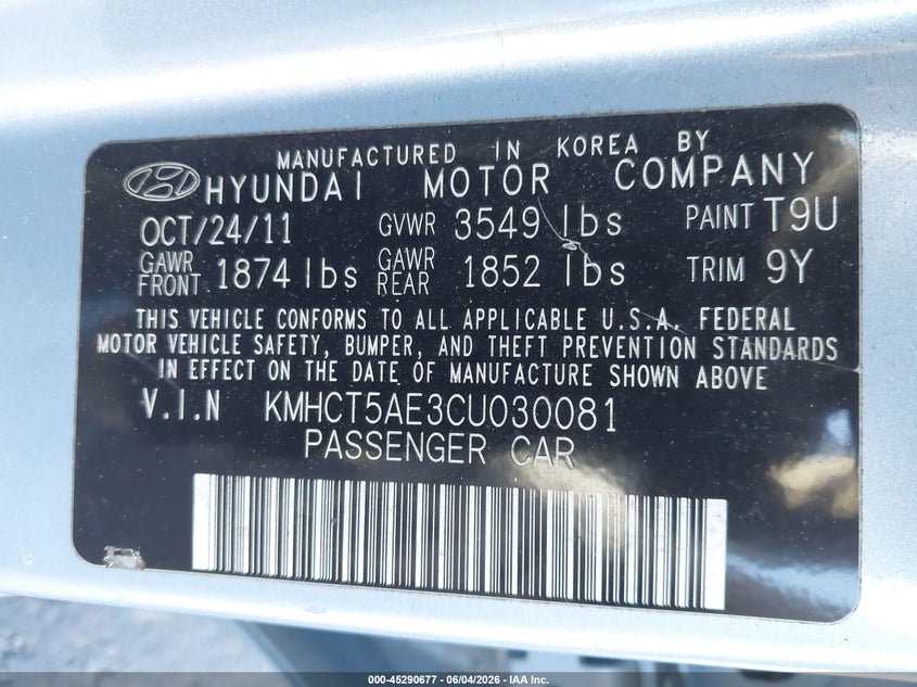 2012 Hyundai Accent VIN KMHCT5AE3CU030081 IAAI salvage auction — NORMAL WEAR, Clear (Georgia), sold $325 on 2026-07-15 (photo 9)