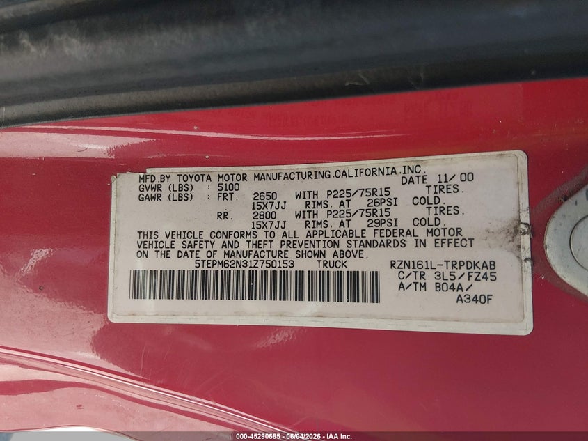 2001 Toyota Tacoma VIN 5TEPM62N31Z750153 IAAI salvage auction — FRONT END, Salvage (New Jersey), sold $1,600 on 2026-07-11 (photo 9)