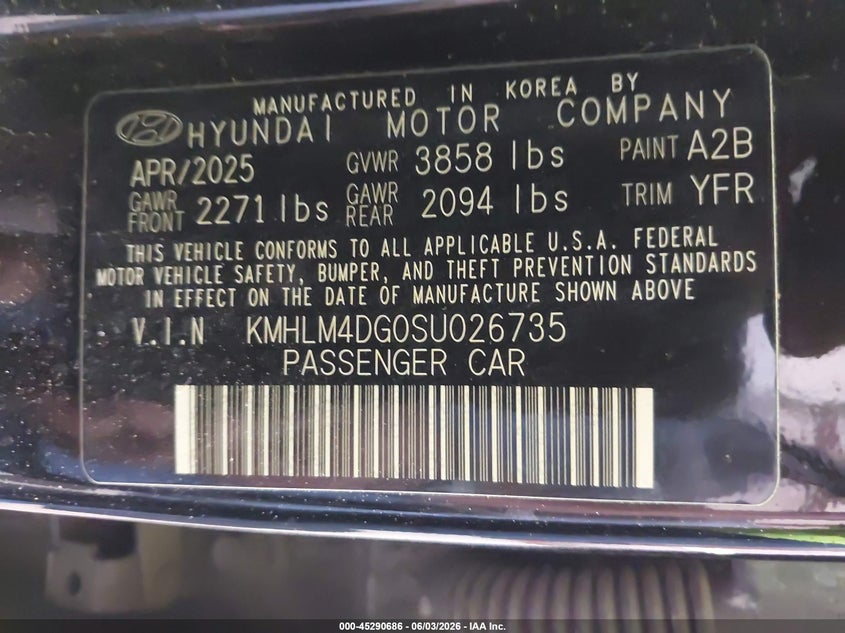 2025 Hyundai Elantra VIN KMHLM4DG0SU026735 IAAI salvage auction — FRONT END, Salvage Title, sold $3,650 on 2026-08-02 (photo 9)