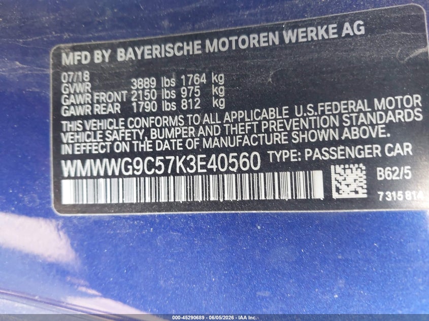 2019 Mini Convertible VIN WMWWG9C57K3E40560 IAAI salvage auction — REAR END, Salvage Title, sold $3,400 on 2026-07-09 (photo 9)