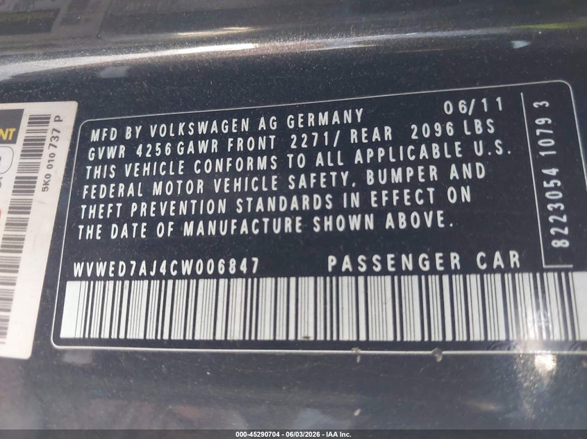2012 Volkswagen Gti VIN WVWED7AJ4CW006847 IAAI salvage auction — REAR END, Salvage Title, sold $1,825 on 2026-07-15 (photo 9)