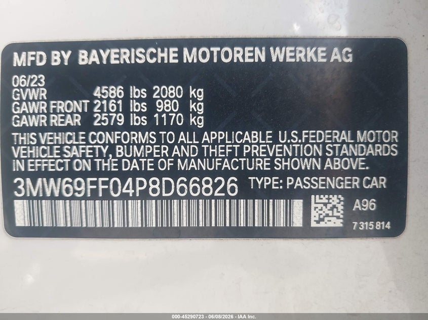 2023 BMW 3er VIN 3MW69FF04P8D66826 IAAI salvage auction — FRONT END, Salvage Title, sold $12,300 on 2026-07-29 (photo 9)