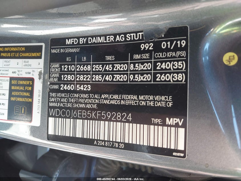 2019 Mercedes-benz VIN WDC0J6EB5KF592824 IAAI salvage auction — FRONT END, Salvage Title, sold $13,500 on 2026-07-26 (photo 9)
