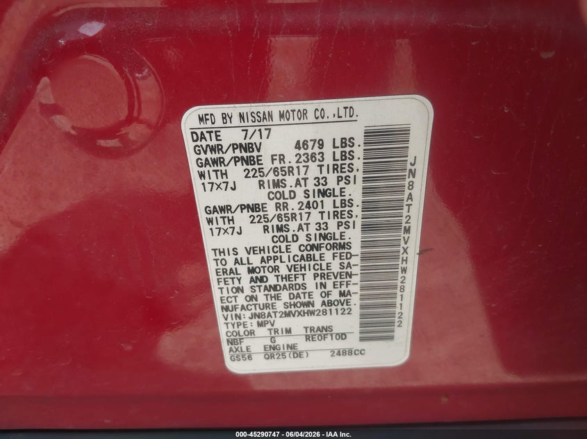 2017 Nissan Rogue VIN JN8AT2MVXHW281122 IAAI salvage auction — FRONT END, Salvage Title, sold $925 on 2026-07-28 (photo 9)
