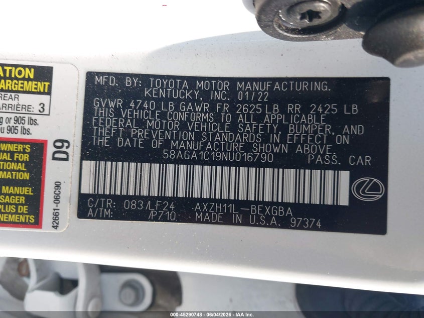 2022 Lexus ES VIN 58AGA1C19NU016790 IAAI salvage auction — ELECTRICAL, Salvage Title, sold $225 on 2026-08-26 (photo 9)