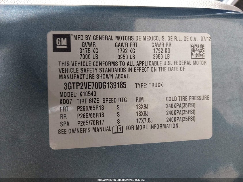 2013 Gmc SIERRA VIN 3GTP2VE70DG139185 IAAI salvage auction — RIGHT SIDE, Salvage Title, sold $1,500 on 2026-07-18 (photo 9)