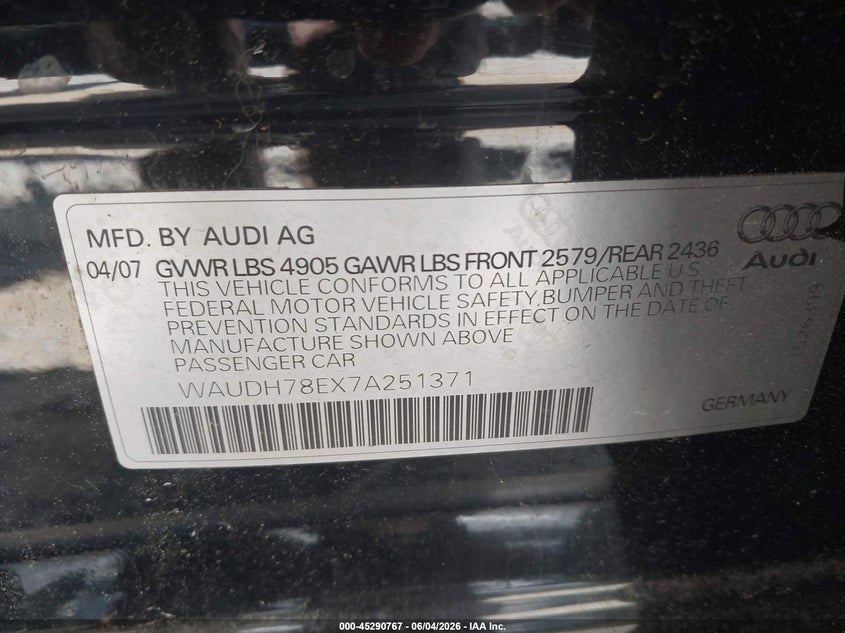2007 Audi A4 VIN WAUDH78EX7A251371 IAAI salvage auction — REAR END, Bill Of Sale (Georgia), sold $25 on 2026-07-21 (photo 9)