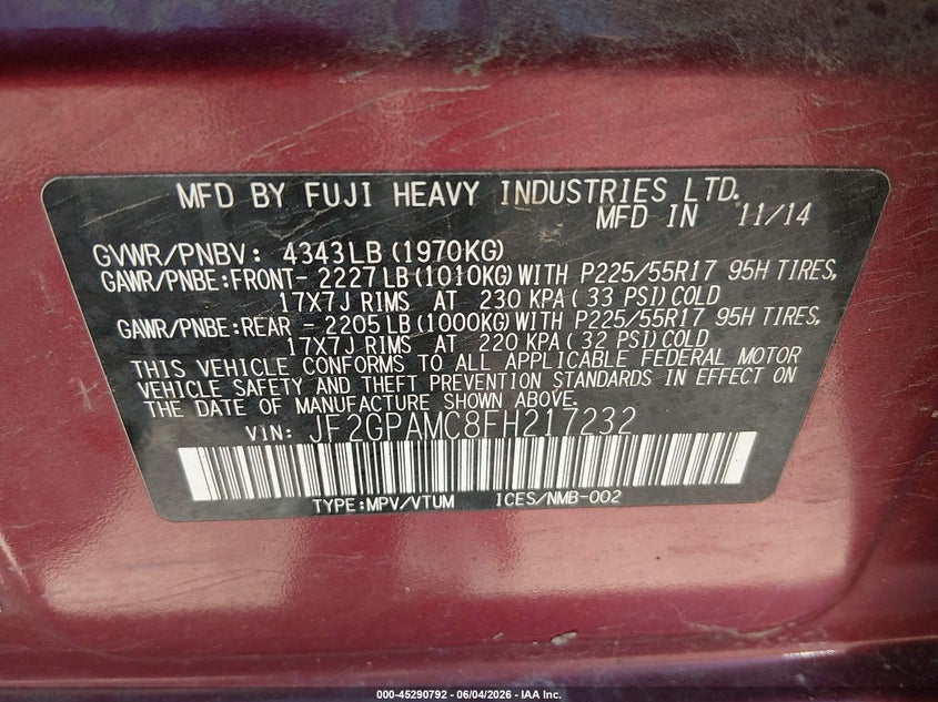 2015 Subaru Xv VIN JF2GPAMC8FH217232 IAAI salvage auction — FRONT END, Salvage (West Virginia), sold $400 on 2026-07-30 (photo 9)