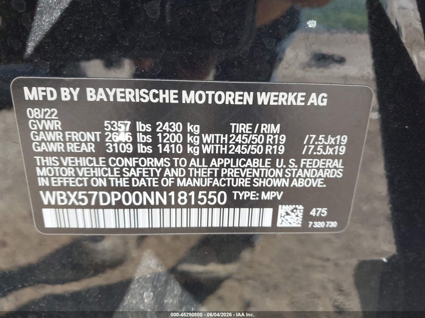 2022 BMW X3 VIN WBX57DP00NN181550 IAAI salvage auction — FRONT END, Salvage Title, sold $14,500 on 2026-07-24 (photo 9)