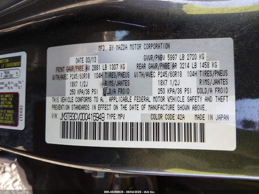 2013 Mazda Cx-9 VIN JM3TB3CV0D0416949 IAAI salvage auction — NORMAL WEAR, Clear (South Carolina), sold $475 on 2026-07-14 (photo 9)