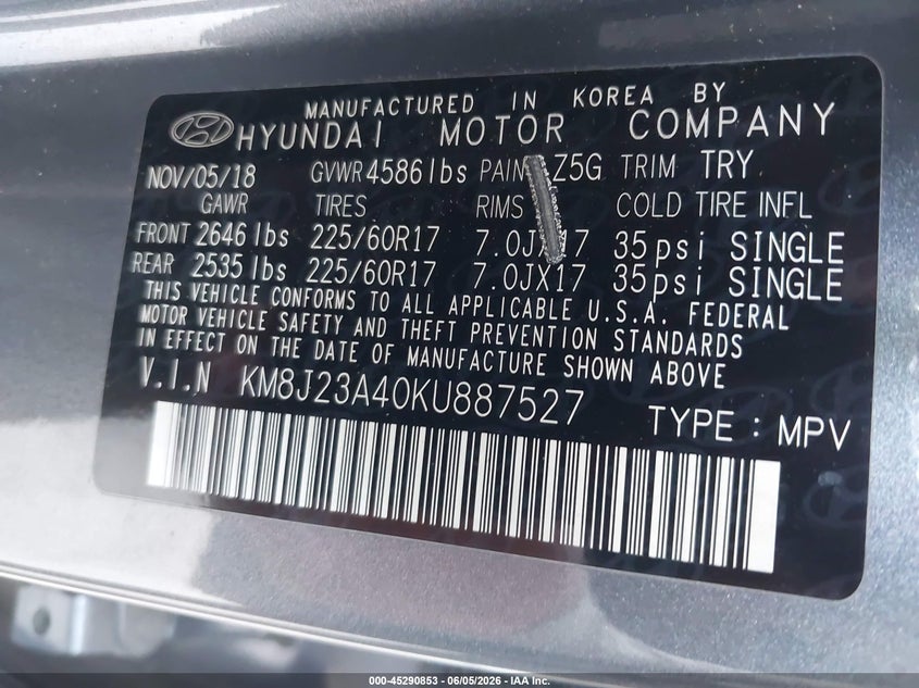 2019 Hyundai Tucson VIN KM8J23A40KU887527 IAAI salvage auction — ROLLOVER, Salvage (Idaho), sold $1,500 on 2026-07-20 (photo 9)