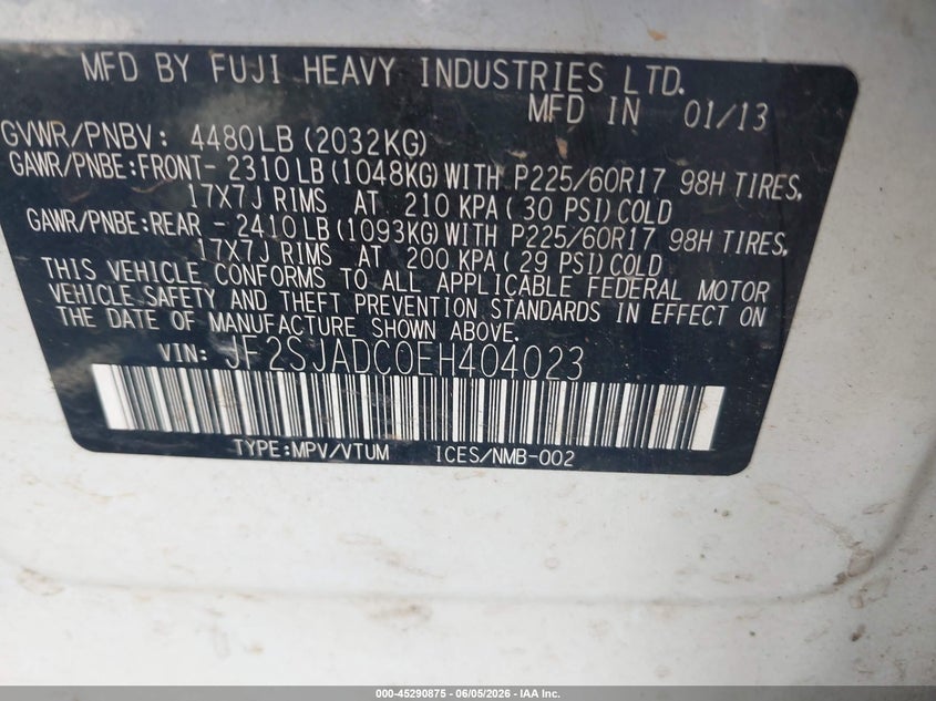 2014 Subaru Forester VIN JF2SJADC0EH404023 IAAI salvage auction — FRONT END, Salvage Title, sold $500 on 2026-08-01 (photo 9)