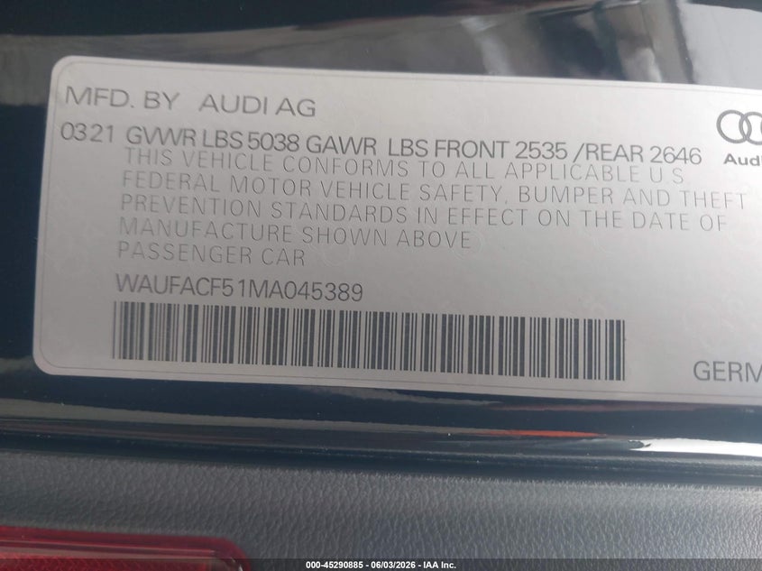2021 Audi A5 VIN WAUFACF51MA045389 IAAI salvage auction — LEFT FRONT, Salvage Title, sold $9,200 on 2026-07-13 (photo 9)