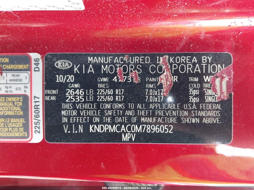 2021 Kia Sportage VIN KNDPMCAC0M7896052 IAAI salvage auction — FRONT END, Salvage Title, sold $2,450 on 2026-07-15 (photo 9)
