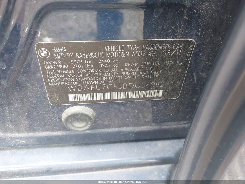 2011 BMW 5 series VIN WBAFU7C55BDU56082 IAAI salvage auction — SIDE, Salvage (Ohio), sold $2,100 on 2026-07-09 (photo 9)