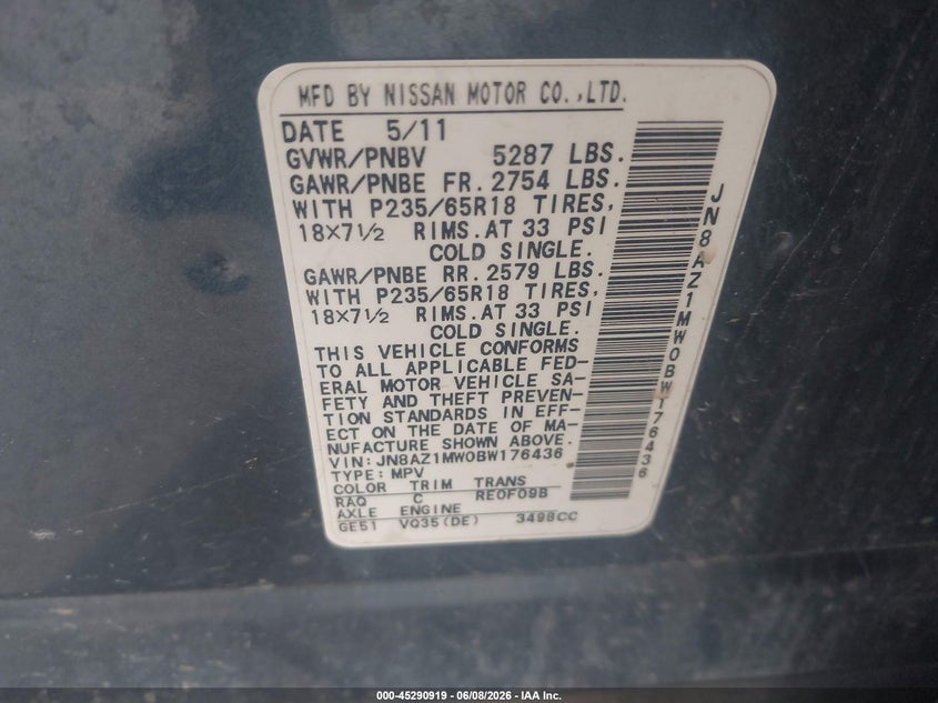 2011 Nissan Murano VIN JN8AZ1MW0BW176436 IAAI salvage auction — NORMAL WEAR, Clear (Wyoming), sold $275 on 2026-07-09 (photo 9)