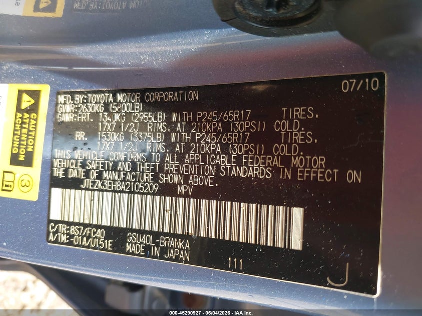 2010 Toyota Highlander VIN JTEZK3EH8A2105209 IAAI salvage auction — FRONT END, Salvage (Alabama), sold $1,150 on 2026-07-14 (photo 9)