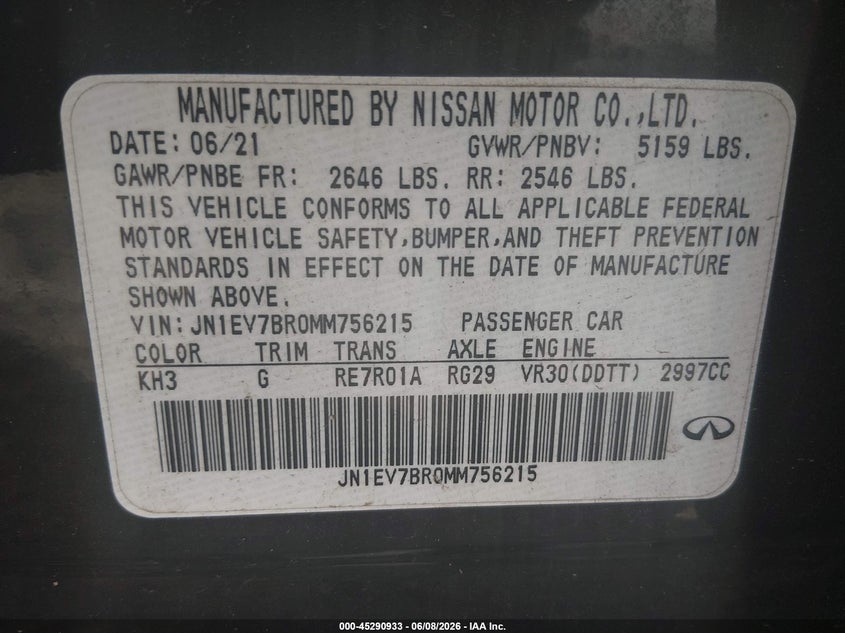 2021 Infiniti Q50 VIN JN1EV7BR0MM756215 IAAI salvage auction — ROLLOVER, Salvage Title, sold $450 on 2026-07-08 (photo 9)