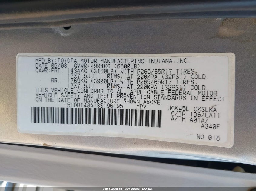 2003 Toyota Sequoia VIN 5TDBT48A13S196195 IAAI salvage auction — RIGHT FRONT, Restored (Arizona), sold $250 on 2026-07-14 (photo 9)