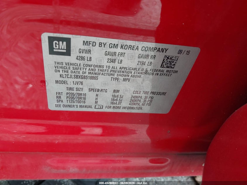 2016 Chevrolet Trax VIN KL7CJLSBXGB518865 IAAI salvage auction — ALL OVER, Salvage Title, sold $275 on 2026-07-09 (photo 9)