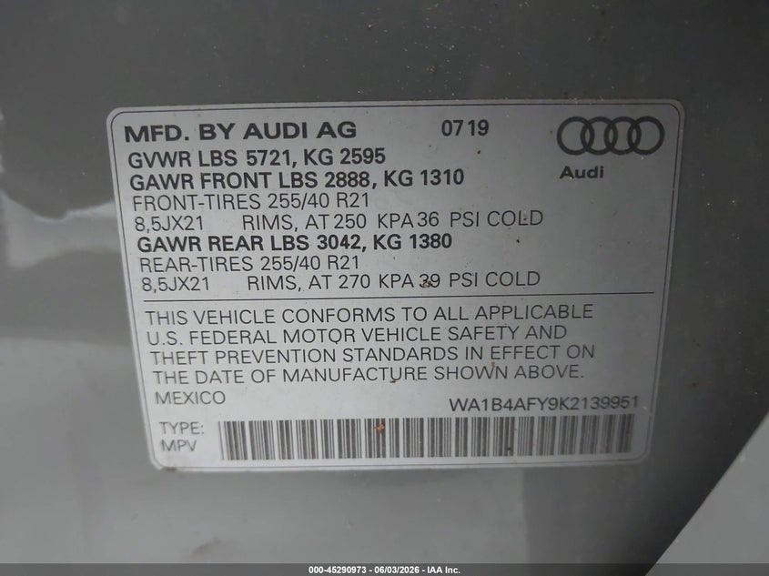2019 Audi Sq5 VIN WA1B4AFY9K2139951 IAAI salvage auction — FRONT END, Salvage Title, sold $12,600 on 2026-07-17 (photo 9)