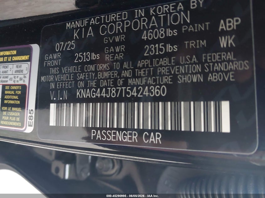 2026 Kia K5 VIN KNAG44J87T5424360 IAAI salvage auction — REAR END, Salvage Title, sold $9,200 on 2026-07-28 (photo 9)