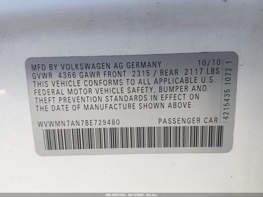 2011 Volkswagen Cc VIN WVWMN7AN7BE729480 IAAI salvage auction — ROOF, Salvage (West Virginia), sold $125 on 2026-07-22 (photo 9)