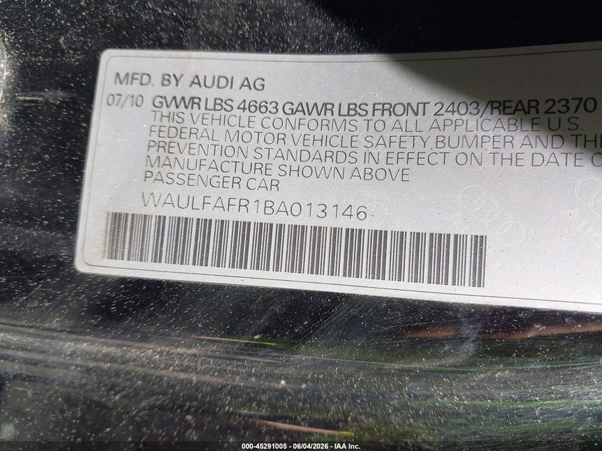 2011 Audi A5 VIN WAULFAFR1BA013146 IAAI salvage auction — FRONT END, Salvage (Massachusetts), sold $325 on 2026-07-14 (photo 9)