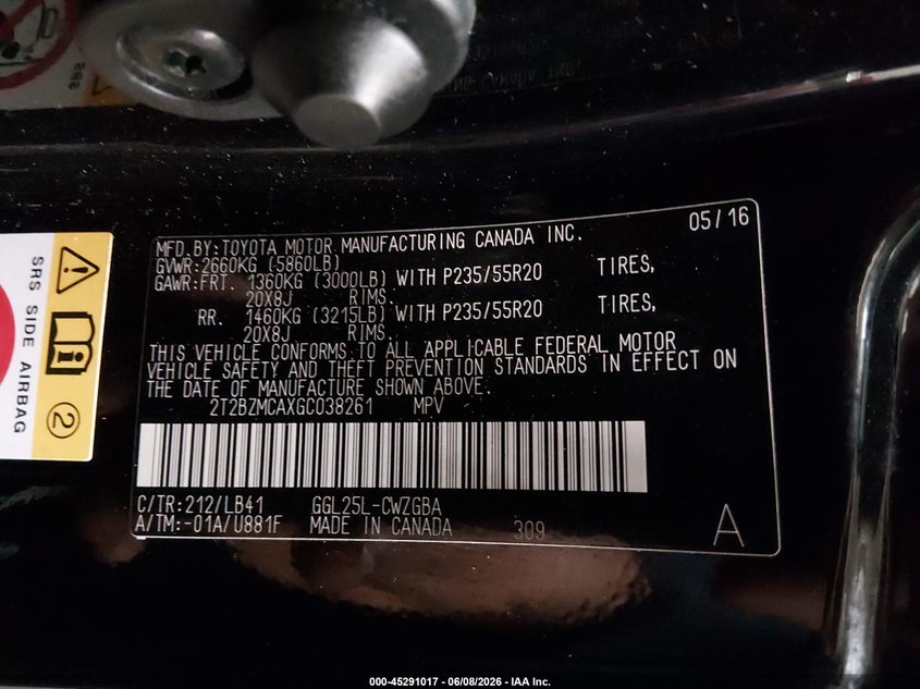 2016 Lexus Rx VIN 2T2BZMCAXGC038261 IAAI salvage auction — FRONT END, Salvage (Minnesota), sold $9,800 on 2026-07-28 (photo 9)