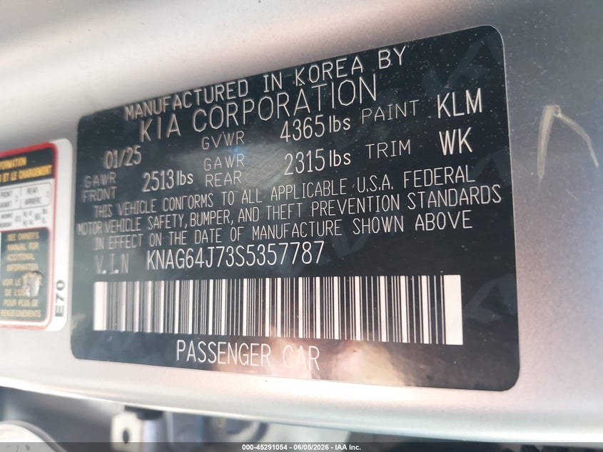 2025 Kia K5 VIN KNAG64J73S5357787 IAAI salvage auction — RIGHT SIDE, Salvage Title, sold $9,950 on 2026-07-28 (photo 9)