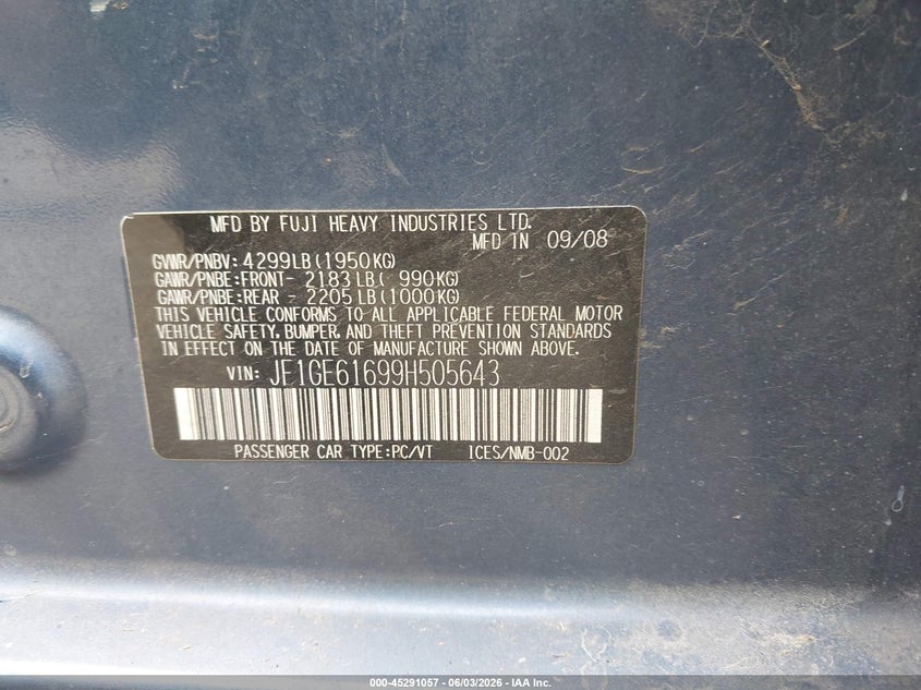2009 Subaru Impreza VIN JF1GE61699H505643 IAAI salvage auction — NORMAL WEAR, Clear (Washington), sold $600 on 2026-07-08 (photo 9)