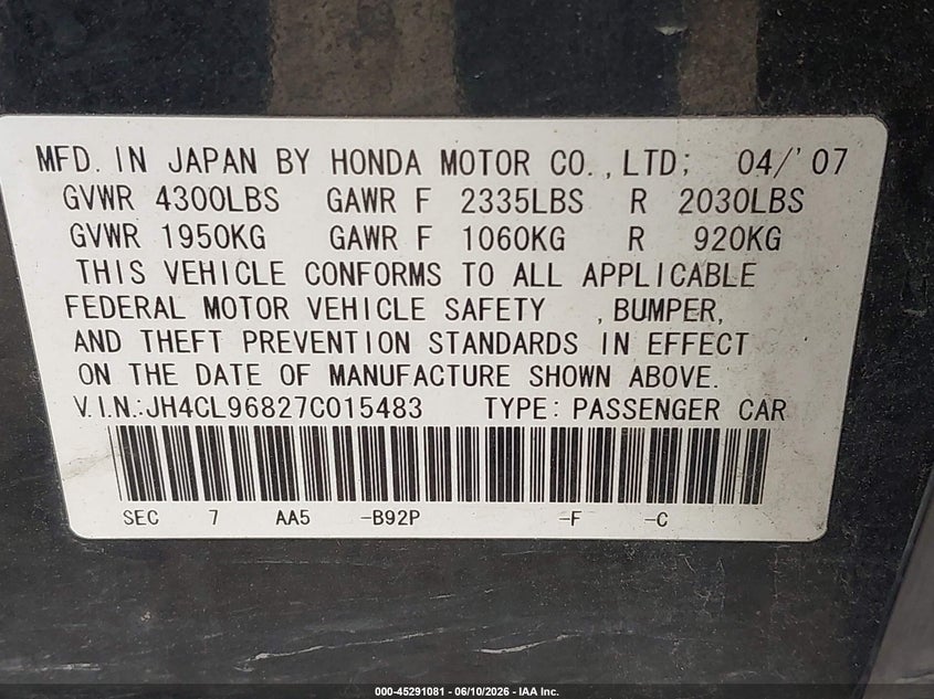 2007 Acura Tsx VIN JH4CL96827C015483 IAAI salvage auction — FRONT END, Salvage (Texas), sold $725 on 2026-07-08 (photo 9)