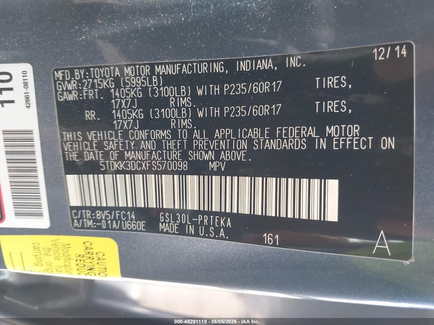 2015 Toyota Sienna VIN 5TDKK3DCXFS570098 IAAI salvage auction — FRONT END, Salvage Title, sold $1,400 on 2026-07-16 (photo 9)